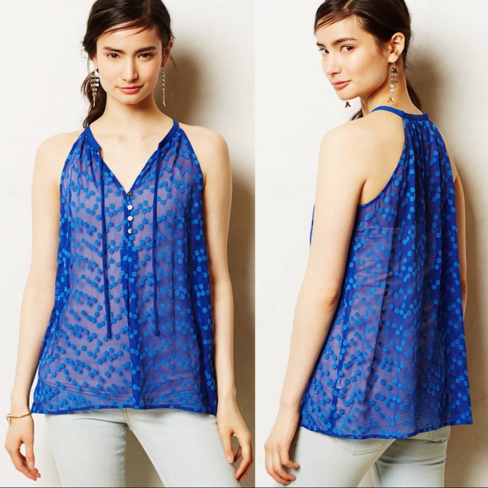Anthropologie • ZOA Blue Sheer Dotted Silk Tank Featured on The Vampire Diaries